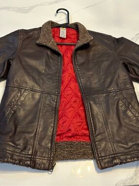 Boys Vintage Gymboree Distressed Brown Leather Jacket with Red Quilted Sz 7